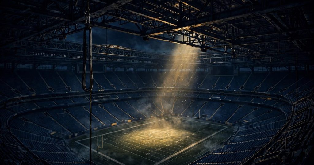 Air Force commando tribute illustration showing a dark stadium with a single rappelling rope hanging from the rafters