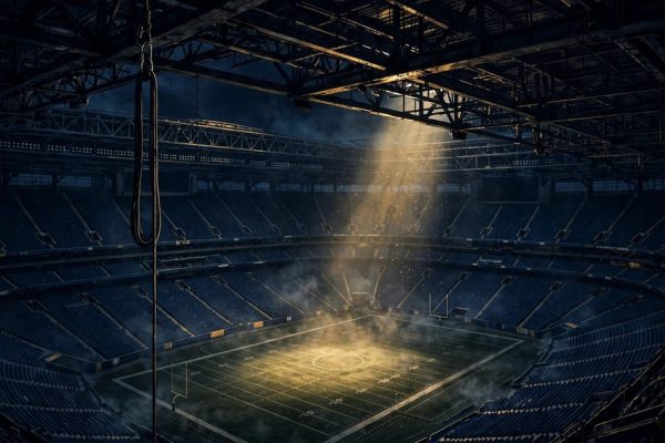 Air Force commando tribute illustration showing a dark stadium with a single rappelling rope hanging from the rafters