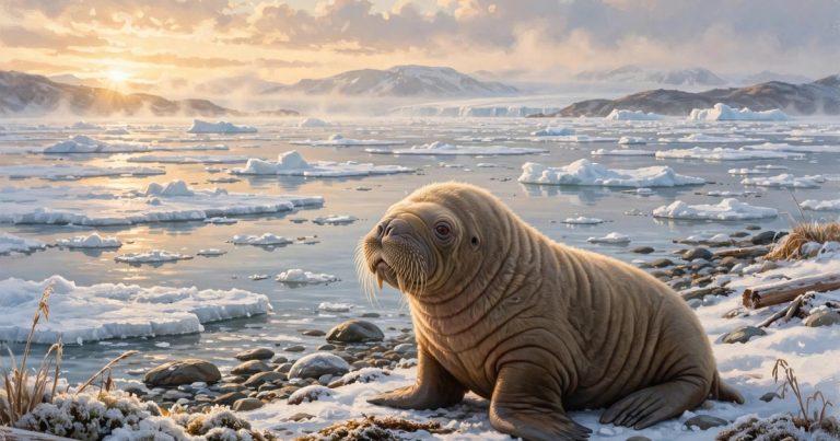 Annautaq walrus: symbolic illustration of the orphaned Pacific walrus calf on a remote Arctic beach