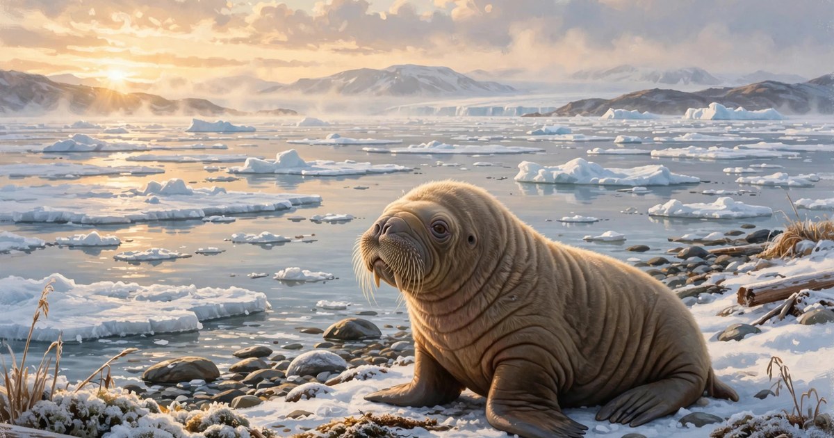 Annautaq walrus: symbolic illustration of the orphaned Pacific walrus calf on a remote Arctic beach