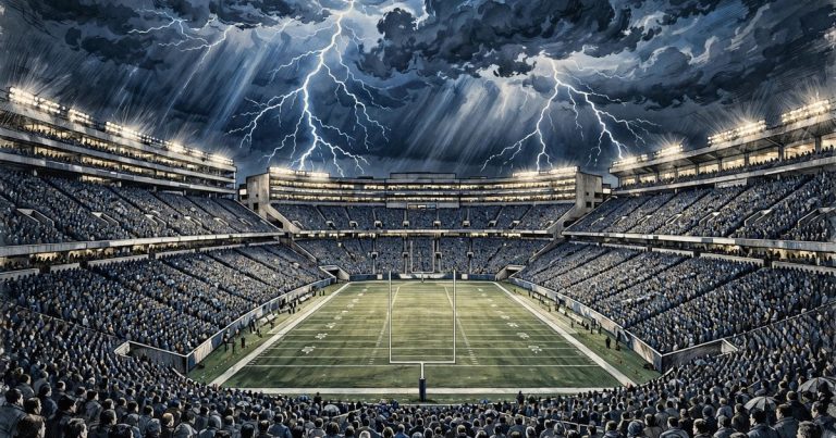 Editorial illustration of a packed college football stadium at night after a weekend of historic college football upsets