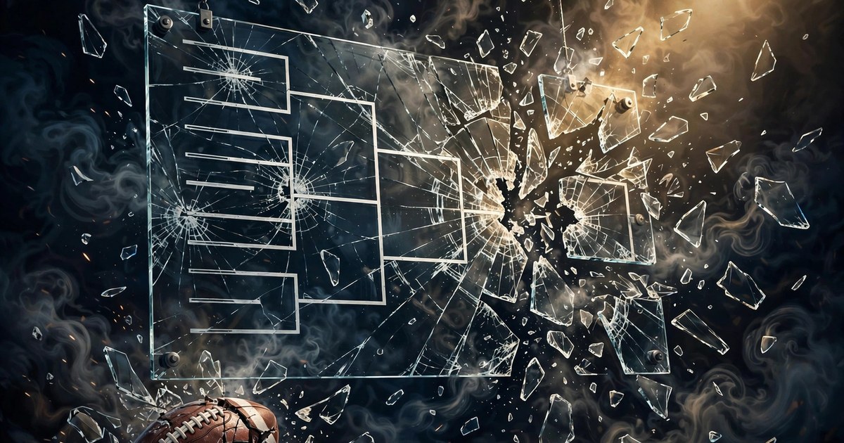 Illustration of a shattered playoff bracket symbolizing the rankings shake-up