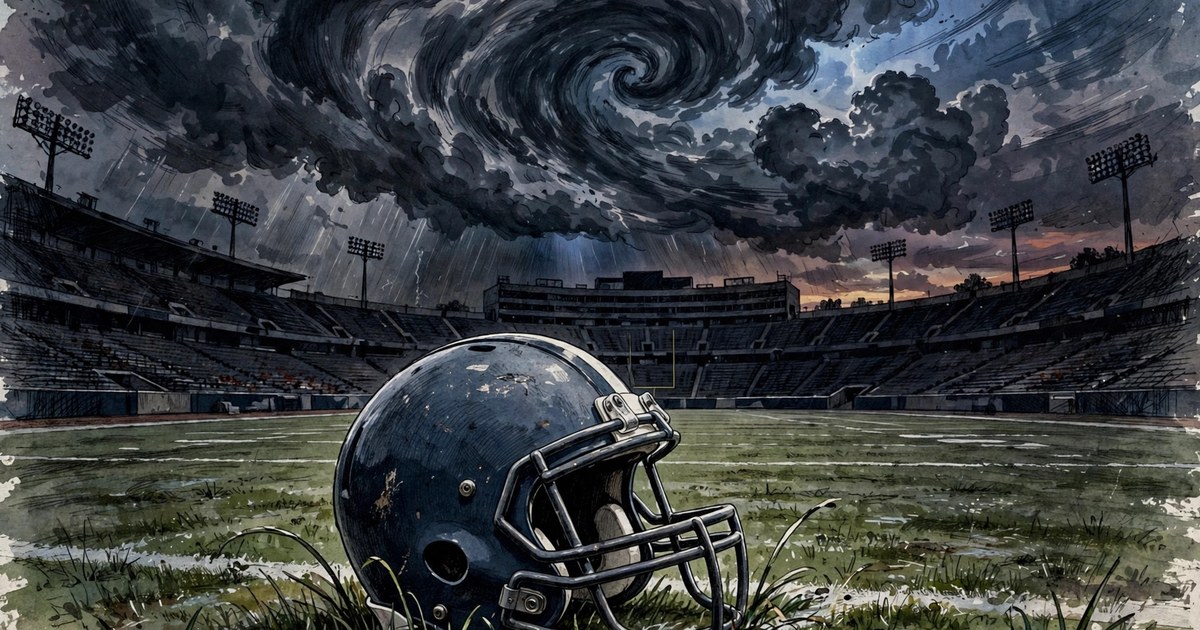 Illustration of storm clouds swirling over a football stadium, symbol of the upset chaos
