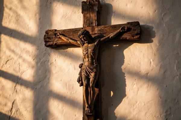 Editorial illustration of a large wooden crucifix hanging on a church wall, similar to the one that fell in Guayaquil