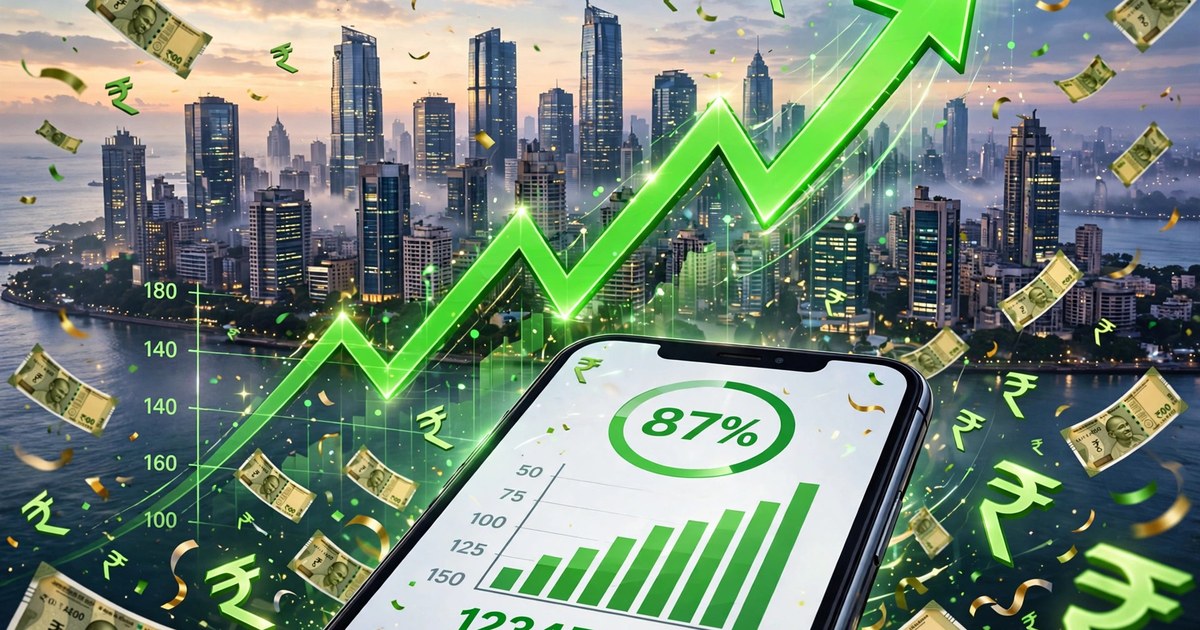 Jio IPO bidding illustration showing a rising market arrow over the Mumbai skyline