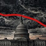 US Capitol at dusk with a declining approval graph as the Trump approval rating falls to a record low