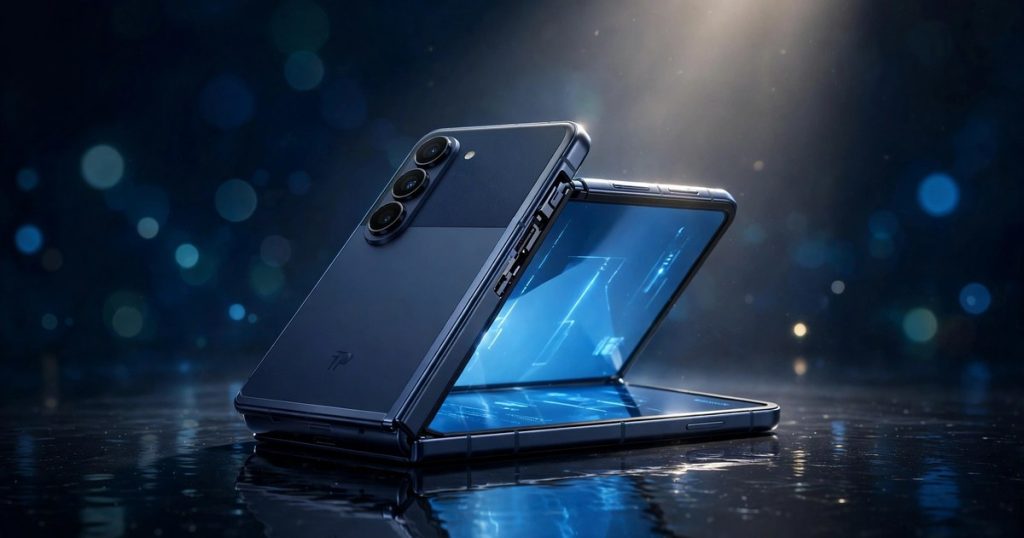 Apple's first foldable iPhone Duo half-open on a dark stage with glowing screen, October 2026