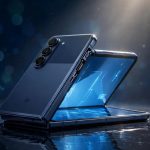 Apple's first foldable iPhone Duo half-open on a dark stage with glowing screen, October 2026