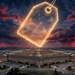 Editorial illustration of the Pentagon at dusk with a glowing price tag in the sky, symbolizing the Iran war cost
