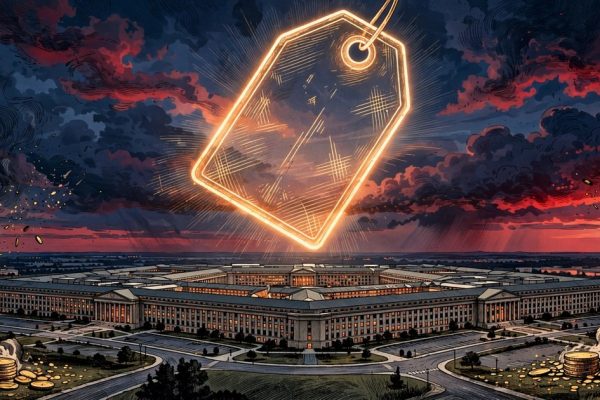 Editorial illustration of the Pentagon at dusk with a glowing price tag in the sky, symbolizing the Iran war cost