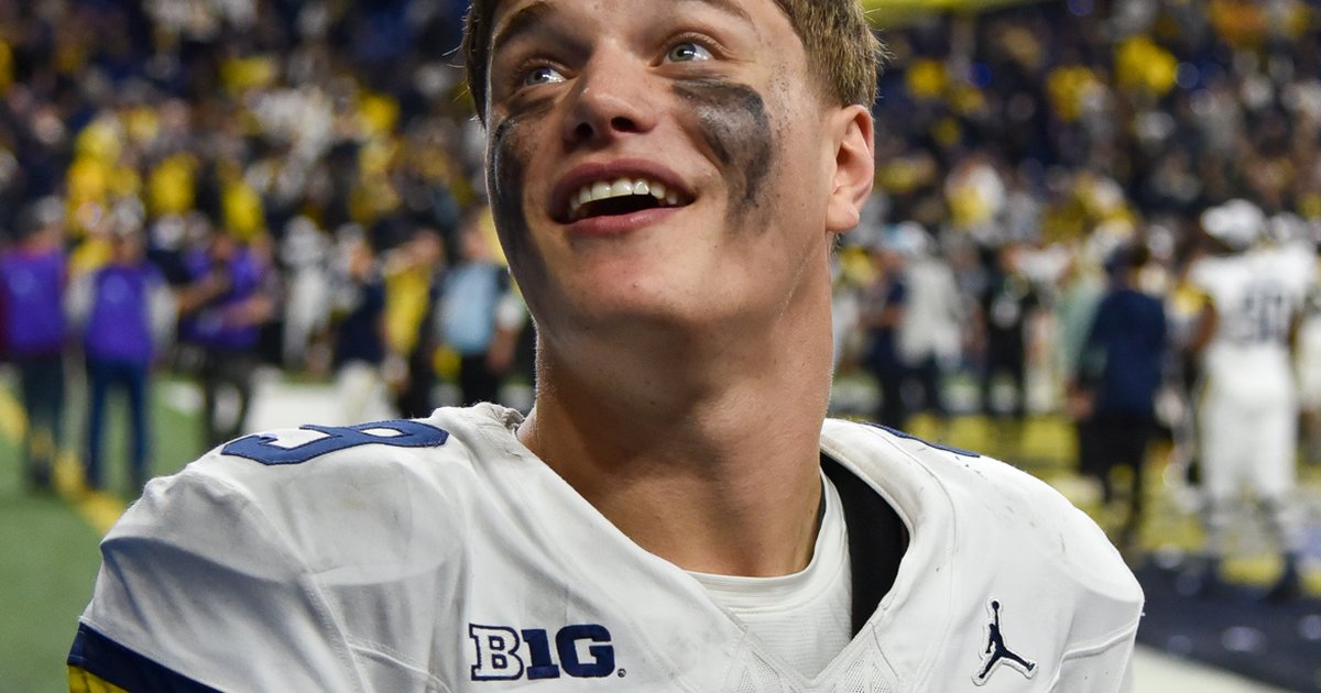 J.J. McCarthy celebrating during his Michigan Wolverines days — the former star is now the Giants starting quarterback