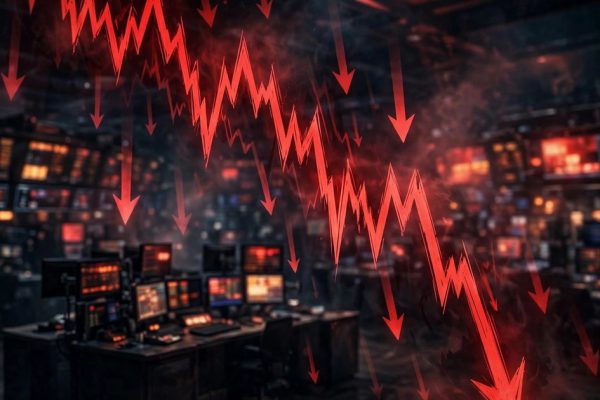 Kospi crash illustration: a plunging red stock chart over a dark trading floor as the Kospi index sinks to a six-month low