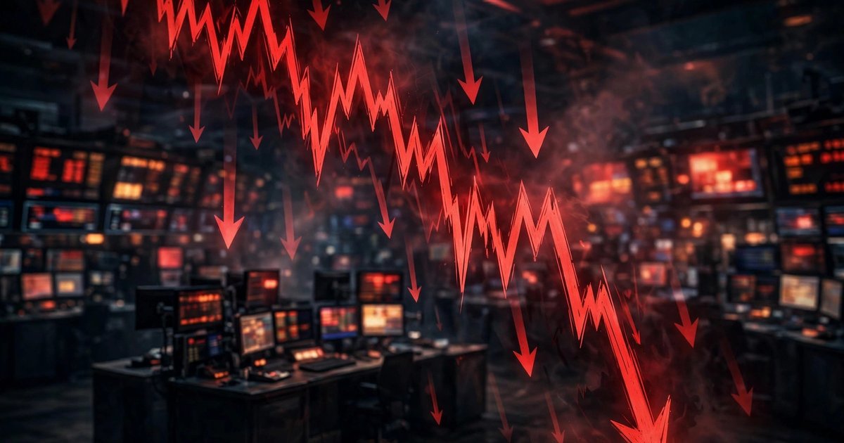 Kospi crash illustration: a plunging red stock chart over a dark trading floor as the Kospi index sinks to a six-month low