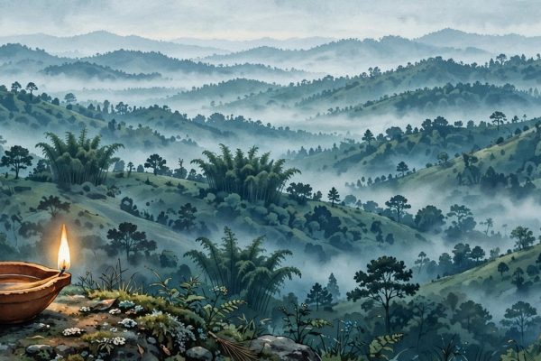 Editorial illustration of misty Manipur hills at dawn with a glowing diya lamp, memorial to Manipur violence victims