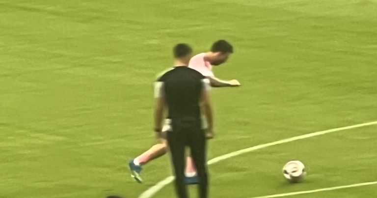 Lionel Messi taking a free kick for Inter Miami in 2026 — the Argentine star scored twice and assisted in the 3-1 win over Atlanta United