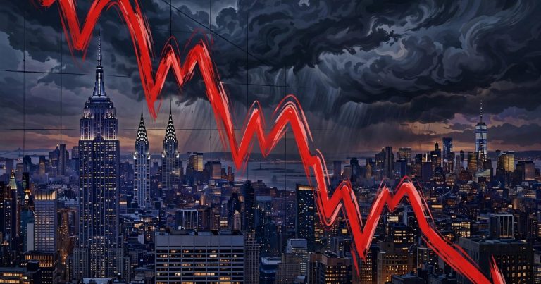 Michael Burry crash warning key art: a plunging red stock chart over the New York skyline under storm clouds