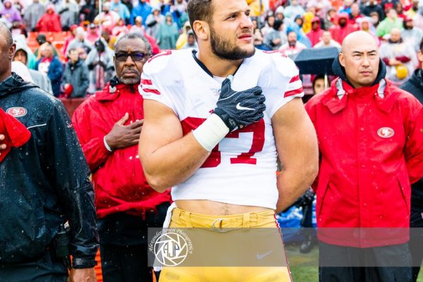 Nick Bosa of the San Francisco 49ers on the sideline before an NFL game