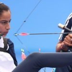 Sheetal Devi aiming her bow during a para-archery event — she set an Asian record in compound archery qualification at the Asian Para Games 2026