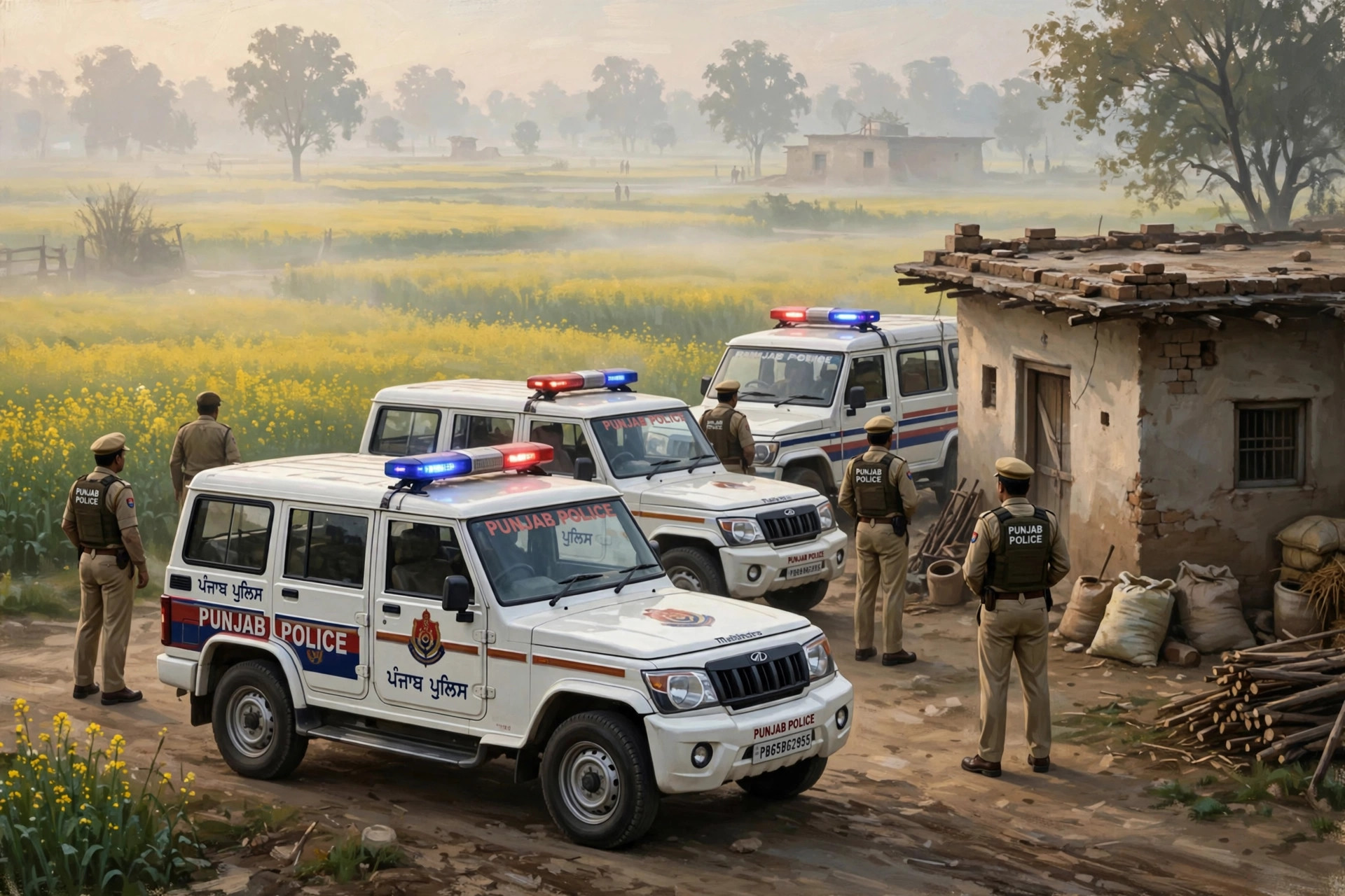 Symbolic illustration of a Punjab police operation at dawn in rural Punjab (LB Daily News)