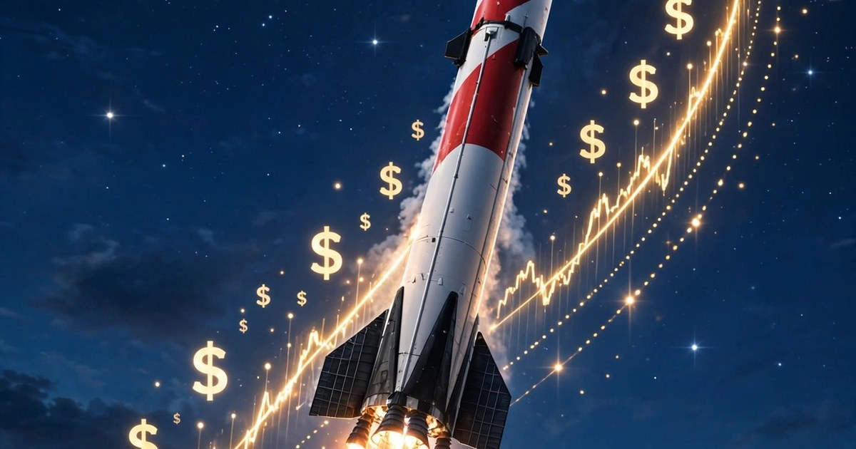 SpaceX earnings day illustration: rocket launching with a rising stock chart
