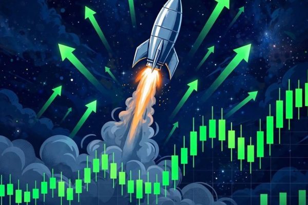 SpaceX stock illustration: a rocket launching over a rising stock market chart after SpaceX's first-ever quarterly profit