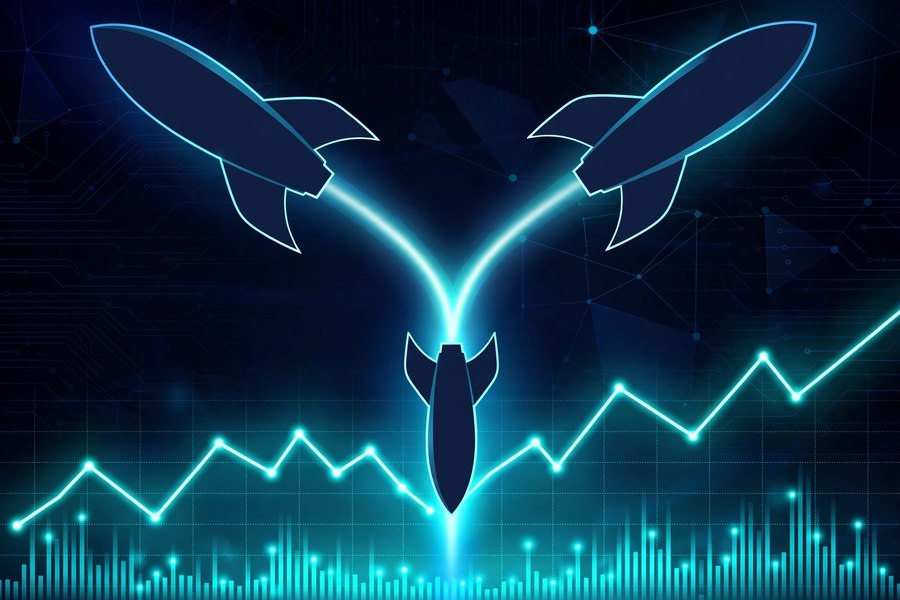 Two rockets converging over a stock chart, symbolizing the proposed SpaceX-Tesla merger that lifted SpaceX stock