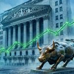 Stock market today: symbolic illustration of the Wall Street rebound with a rising green chart over the New York Stock Exchange