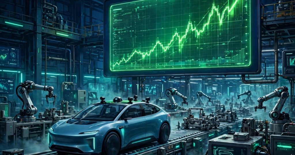 Editorial illustration: a driverless Tesla robotaxi on a factory line beside a rising stock chart as Tesla stock climbs after Q3 earnings