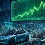 Editorial illustration: a driverless Tesla robotaxi on a factory line beside a rising stock chart as Tesla stock climbs after Q3 earnings