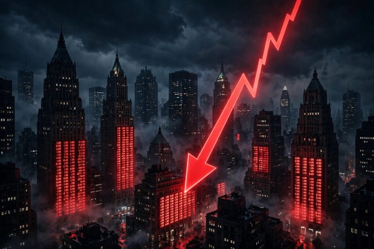 S&P 500 crash: red plunging stock chart over Wall Street financial district skyline